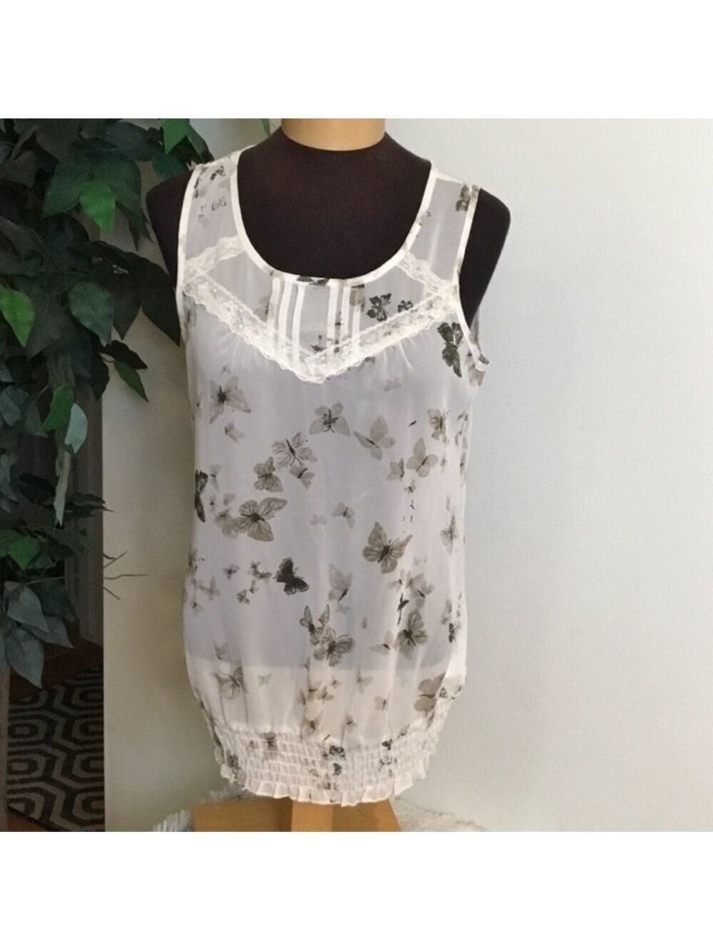 Maurices Sheer Butterfly Print Tank Top Small NWT White Cream